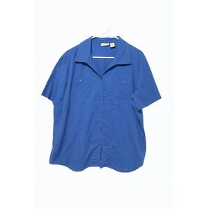 Kim Rogers Women's XL Blouse Blue 100% Cotton Short Sleeve Button Front Pockets